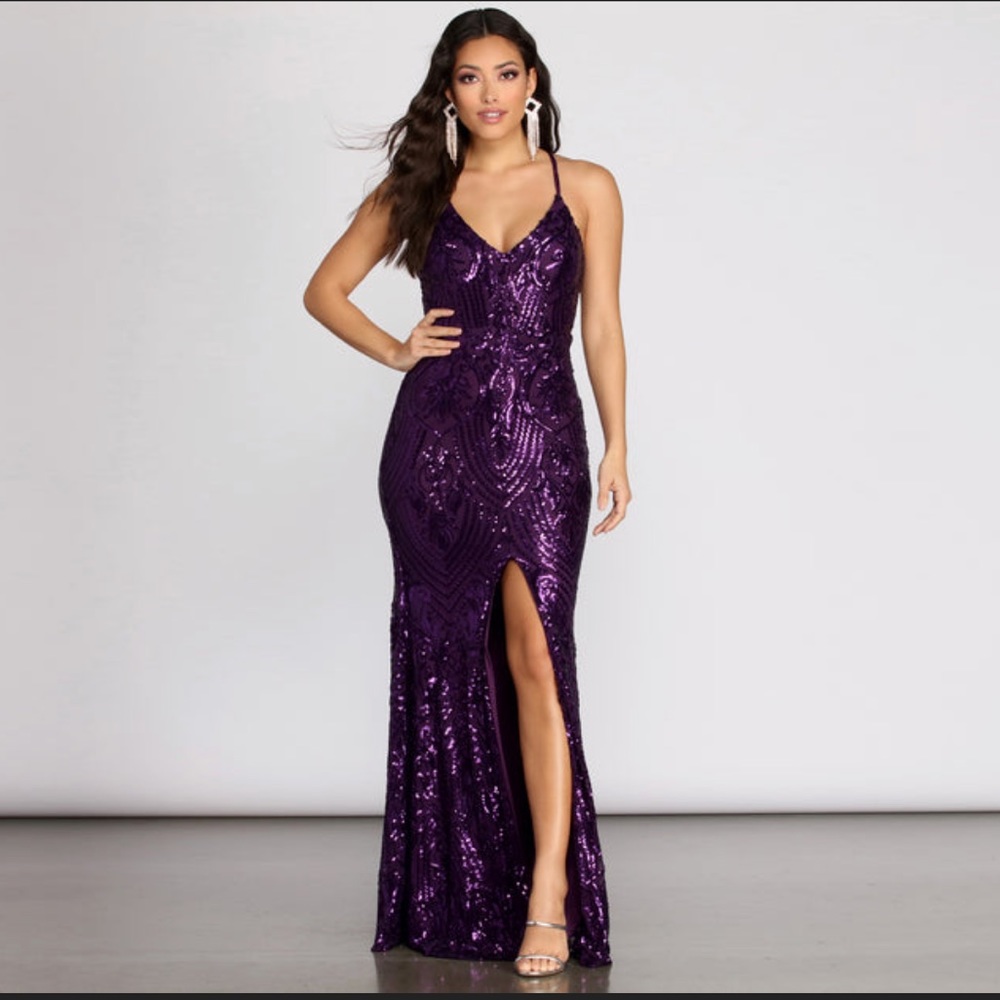 Chrissy Sequence Formal Mermaid Dress - Purple- size Medium